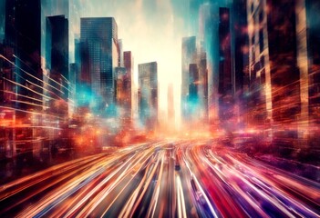 Fototapeta premium represented unified digital entities diverse based iot technology colors cityscape background horizon colorful dx ai abstract transformation colourful city landscape waterfront downtown metropolis meg