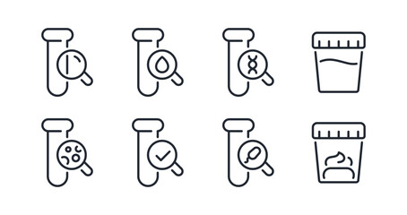 Medical laboratory blood, urine, sperm and stool test editable stroke outline icons set isolated on white background flat vector illustration. Pixel perfect. 64 x 64. © lanastace