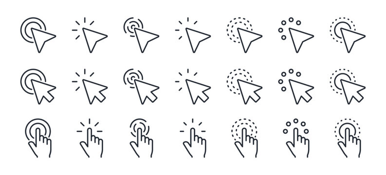 Pointer, mouse, click, cursor editable stroke outline icons set isolated on white background flat vector illustration. Pixel perfect. 64 x 64