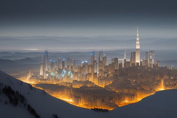 Fototapeta premium A Futuristic Metropolis at Twilight with Towering Skyscrapers and Iconic Landmarks, Featuring the Majestic One World Trade Center in Manhattan's Skyline Against a Stunning Sunset