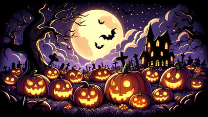 Fototapeta premium Haunted Halloween Pumpkins, Graveyard, Under the Moon