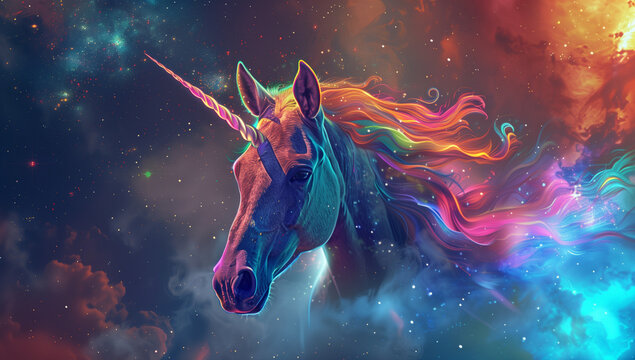 Unicorn horse radiates light shades in blue, red, orange, purple, yellow, creating surreal atmosphere that captures Colorful Dreamlike Shades.