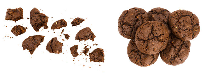 chocolate cookies broken isolated on white background with full depth of field. Top view. Flat lay