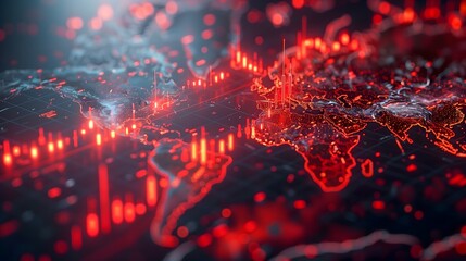 digital world map with red graph of stock, futures or cryptocurrency quotes