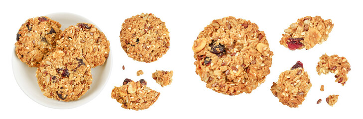 Granola cookie in ceramic bowl isolated on white background with full depth of field. Top view. Flat lay.