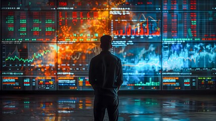 view from the back of a man standing at the monitors showing charts of stock, futures or cryptocurrency quotes