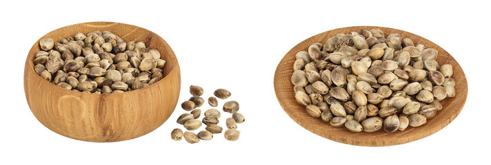 Hemp seeds in wooden bowl isolated on white background with full depth of field