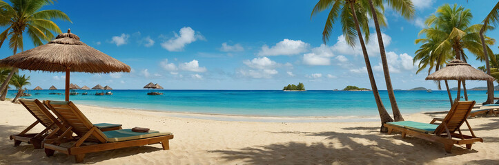 Obraz premium Beautiful beach with white sand, turquoise water, palm trees. Lounge chairs with umbrellas for shade. Clear sky and fluffy clouds, perfect summer day. World Tourism Day
