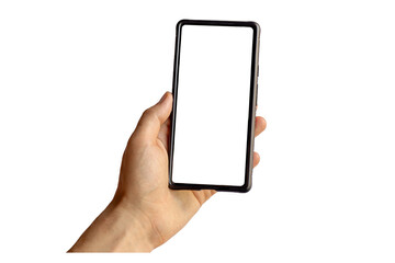 left male hand with a phone on a transparent background, blank smartphone screen