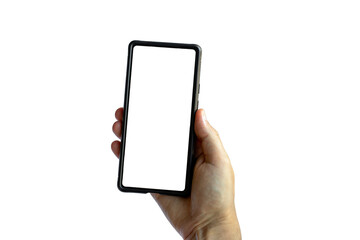right male hand with a phone on a transparent background, blank smartphone screen