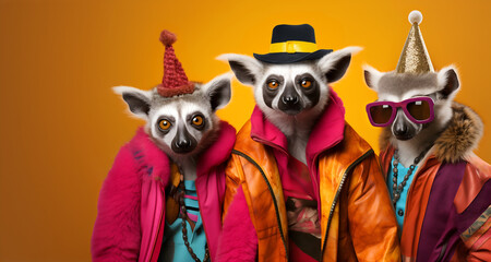 Creative animal concept. Group of lemur in funky Wacky wild mismatch colourful outfits on bright background advertisement, copy space. birthday party invite invitation banner	
