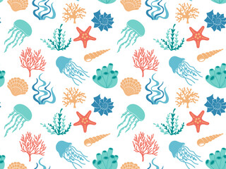 Sea wild life seamless pattern. Cute shells, starfish, algae, jellyfish, coral. Abstract kids underwater background. Summer ocean pattern for wallpaper, package, cover, textile design