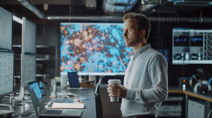 Young scientist working in a modern artificial intelligence laboratory. Large monitor displaying complex machine learning algorithms.