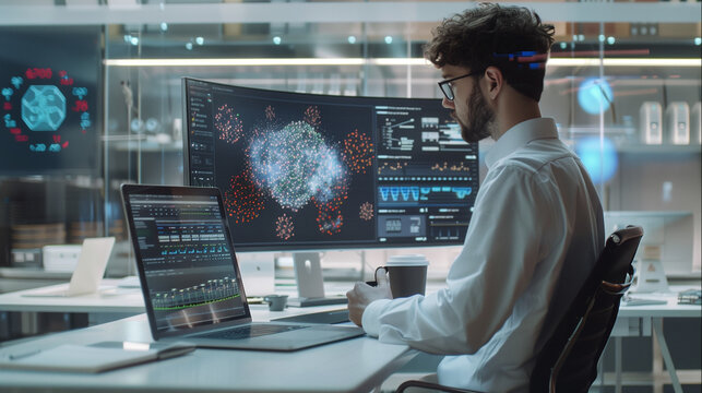 Scientist working in a artificial intelligence laboratory. Large monitor displaying complex machine learning algorithms. A laptop with notes lie on the table.