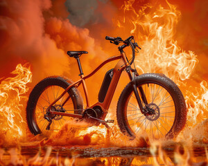 Obraz premium Powerful orange electric fatbike emerging from fire and water