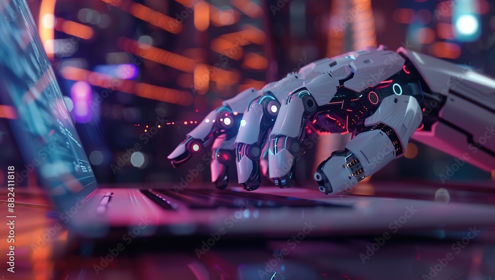 Poster robotic hand typing on laptop in futuristic setting