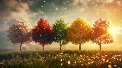 Obraz premium Five trees in a row representing different seasons with a starry sky background