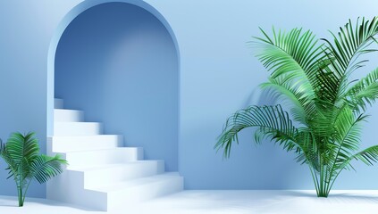 Minimalistic Blue Room with White Stairs and Lush Palm Trees