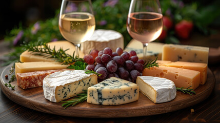 Variety of french cheeses with grapes and wine on rustic wooden platter