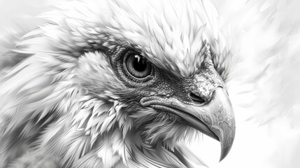 Black and white illustration of an eagle's head with detailed feathers and intense gaze