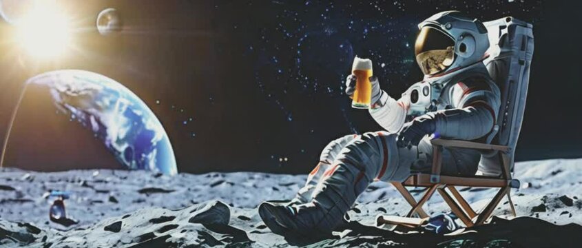 Astronaut relaxing with drink on Moon, moons in backdrop, showcasing space exploration and leisure
