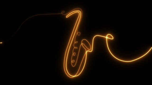 Neon saxophone. Line art. Glowing neon line. Musical instrument. Isolated on black background. Sax Music. Concert and bar animation.  Party. Saxophone player. Brass instrument. Sax music. Music art.
