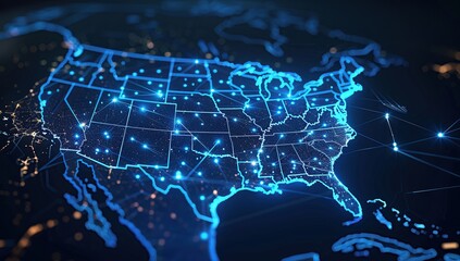 Digital Map of the United States with Glowing Cities