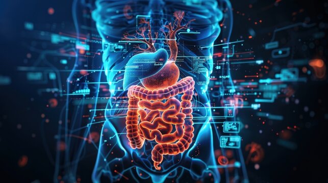 A graphic of a human body with a red and blue stomach