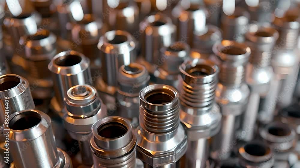Poster a topdown view of a set of fuel injectors displaying the neat and organized rows of cylindrical meta