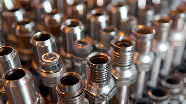 A topdown view of a set of fuel injectors displaying the neat and organized rows of cylindrical metal nozzles.