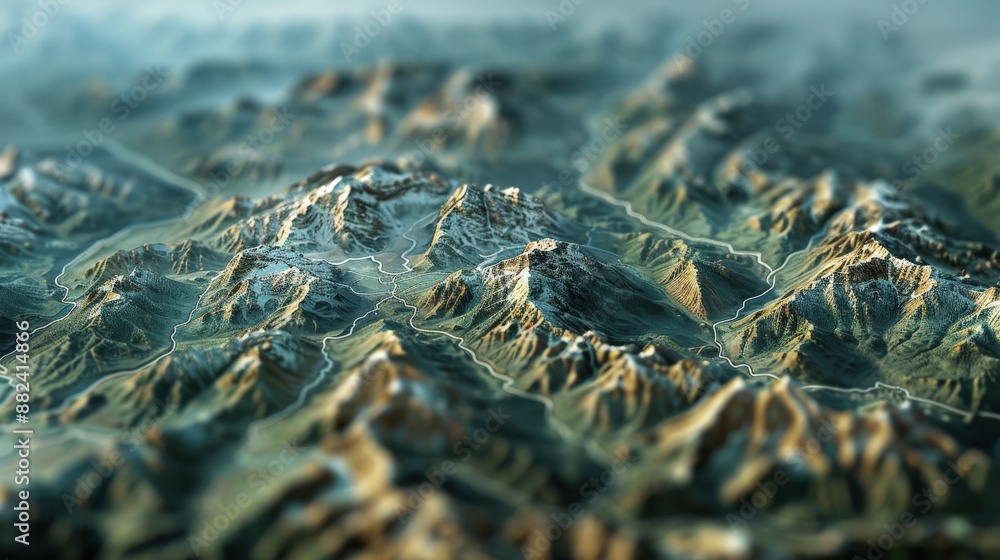 Poster a mountain range with a river running through it. the mountains are covered in snow and the river is