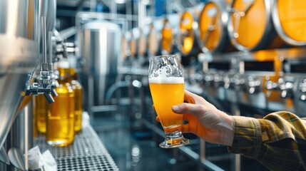 A man is holding a glass of beer in a brewery. The brewery is filled with tanks and pipes, and the atmosphere is industrial