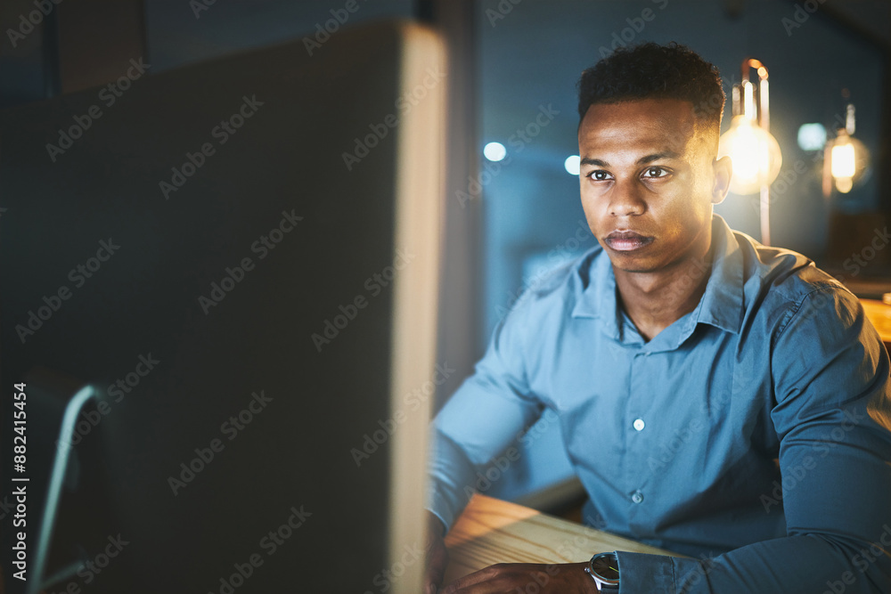 Aufkleber office, computer and businessman at night for website, research and web design software. creative, w