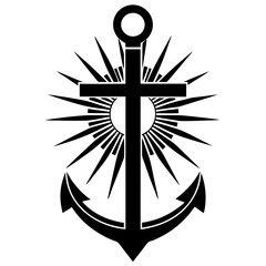 Cross with an anchor and a sun in the middle vector silhouette 