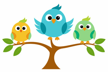 Cute cartoon bird on tree vector illustration on white background