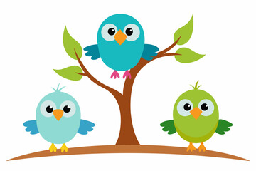Cute cartoon bird on tree vector illustration on white background