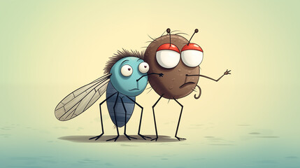 Illustration, cartoon fly and mosquito standing together looking at something