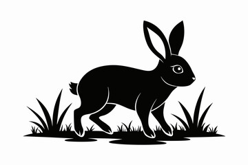 Black silhouette rabbit walk in grass white background