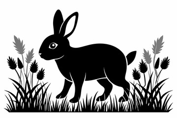 Black silhouette rabbit walk in grass white background