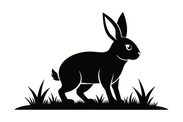 Black silhouette rabbit walk in grass white background