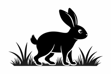 Black silhouette rabbit walk in grass white background