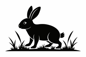 Black silhouette rabbit walk in grass white background