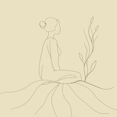 Elegant Line Drawing of Woman with Lavender - Stock Illustration