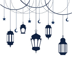 Set of arabic lanterns hanging on white background. Vector illustration.