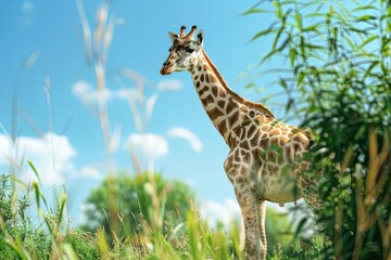 Obraz premium Majestic Giraffe Stands Tall in a Vibrant Lush Savannah Under a Clear Blue Sky