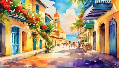 Fototapeta premium Calles coloniales cartagena de indias colombia acuarela