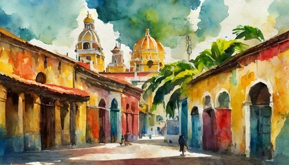 Calles coloniales cartagena de indias colombia acuarela