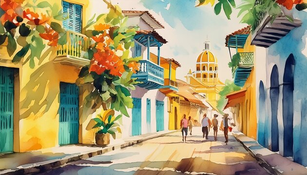 Calles coloniales cartagena de indias colombia acuarela