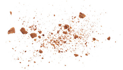 Pile cake crumbs, chocolate cookie flying isolated on white, clipping path	