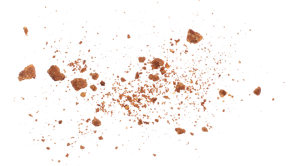 Pile cake crumbs, chocolate cookie flying isolated on white, clipping path	
